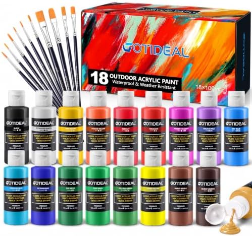 GOTIDEAL Acrylic Paint Set, 18 Colors Outdoor Acrylic Paint (100m,3.4 oz) | with 10 Brushes, Non-Toxic Waterproof Art Paints for Canvas, Wood, Rocks, Craft Supplies for Artists & Beginners