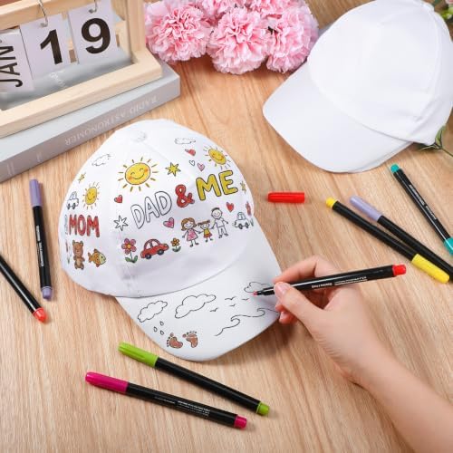 DIY White Baseball Hats Bulk for Adult Adjustable Blank Sports Baseball Hat with 24 Color Fabric Markers