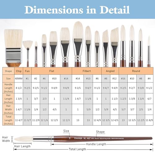 Falling in Art 15 Pcs Professional Oil Paint Brush Set, Natural Hog Bristle