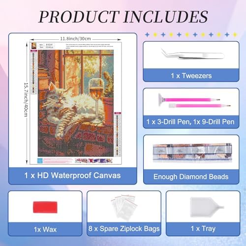 Diamond Art Kits for Adults, Cozy Cat Diamond Painting Kit, 12 x 16 Inch