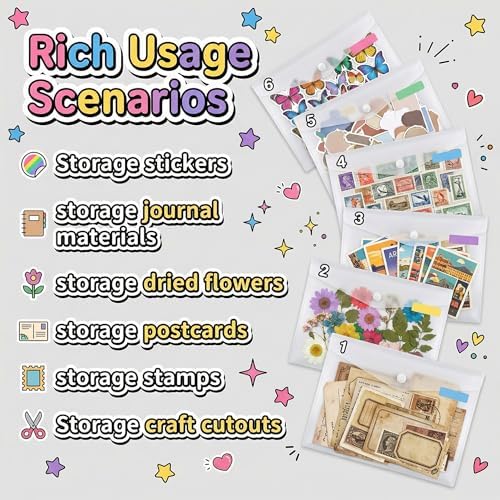 Sticker Organizer, Clear Plastic Envelopes with Snap, 12 Pack Waterproof and Durable for Sticker Storage, Scrapbook Storage, Washi Tape, Scrapbooking & Stamping Supplies (6.3×4.5 Inches)