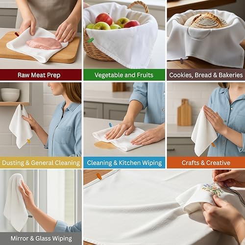 Flour Sack Towels| Tea Towel for Crafts| Kitchen Towels Cotton Blank Towel for Embroidery Baking Bread Proofing Linen Cover | Super Absorbent Dish Towels with Color Hanging Loops 7 Pack 28"x28" White