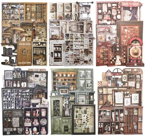 60PCS Retro Cabinet Cardstock Stickers Set, Vintage Drawer and Shelf Scene Designs – Peel and Stick Decorative Cards for Scrapbook Journal Junk Journal Collage Albums and Frames