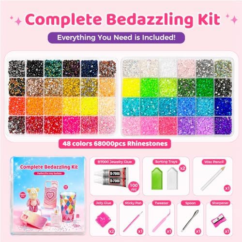 68,000Pcs 48 Colors Bedazzling Kit, 3mm Resin Jelly Flatback Rhinestones