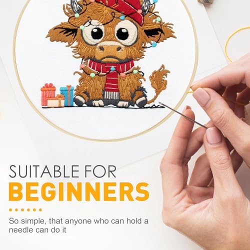 Christmas Highland Cow Embroidery Kit for Beginners Adults Easy Embroidery Starter Kit Highland Cow Christmas Hat Cross Stitch Kits Embroiderys Hoop Needlepoint Kits with Instruction Needles Thread