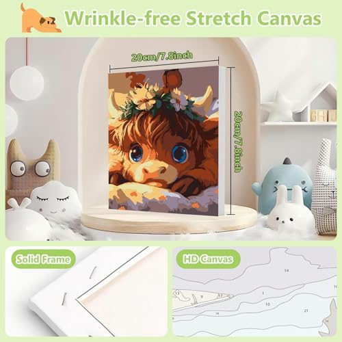 Reivworl Cow Paint by Numbers Kit for Kids with Frame 8×8 inch