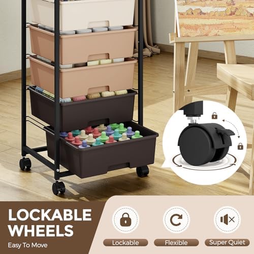 6 Drawer Rolling Storage Cart with Wooden Top and Wheels for Crafts,Brown