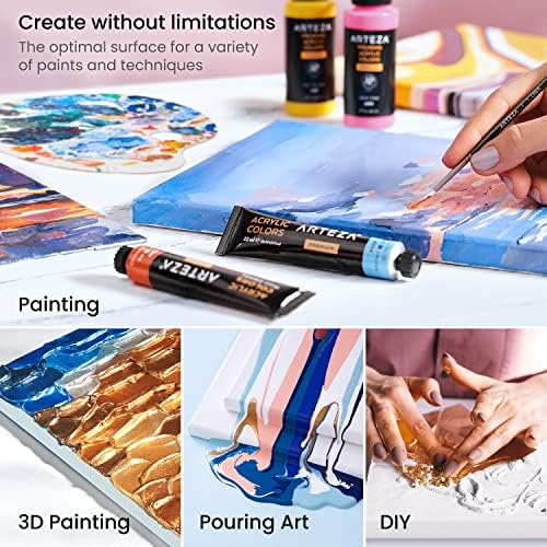 ARTEZA Stretched Canvas, 12 x 12 Inches, Pack of 8, Blank White Square Canvas for Painting for Acrylic, Oil and Gouache Paints | Cotton-Texture Surface, Wood Frame, Pre-Primed, For Acrylic, Oil, Gouache, Tempera, Pouring Art and Wall Pieces