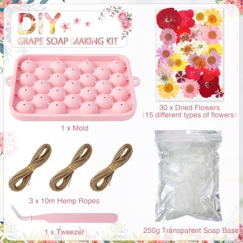 Zhehao DIY Grape Soap Making Kit with Natural Soap Base for Beginners, Complete Handmade Craft Set Includes Silicone Grape Mold, Dried Pressed Flowers, Tweezer, Jute Rope, DIY Making Gift Set