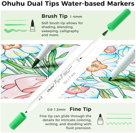 Ohuhu Adult Coloring Book 30 Patterns with 40 Colors Paper-Friendly Markers 230gsm Spiral Bound Coloring Book for Adults Relaxation Water-Based Markers for Adult Coloring Books No Bleeding - Pupe B