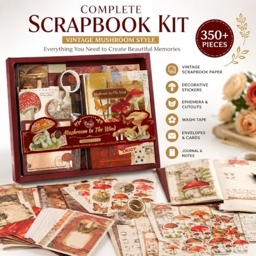 Scrapbook Kit, 350+ PCS Scrapbooking Supplies Set with Vintage Scrapbook Paper, Scrapbook Stickers, Ephemera, Vintage Decorations, Complete Junk Journal and DIY Memory Book Kit