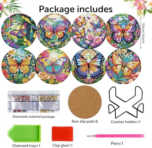 8 Pack Diamond Art Coasters,Butterfly Diamond Painting Coasters Kits