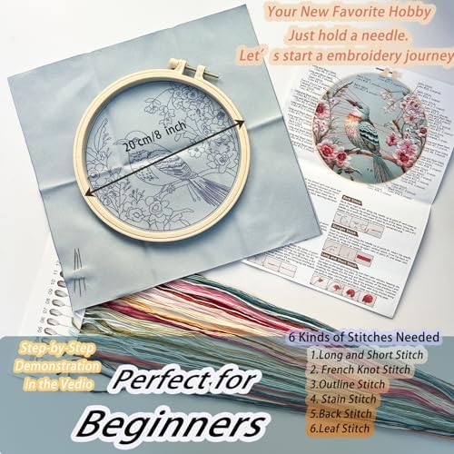 FONNUY Embroidery Kit for Beginners, Hummingbird Flowers Pre-Stamped Pattern Kits for Adults with Hoop, Easy to Follow Color Thread Needlework, 8''Hoop (Lightblue)