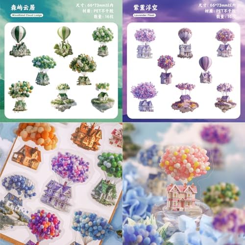 96 Pcs Whimsical Hot Air Balloon and Flying House Stickers