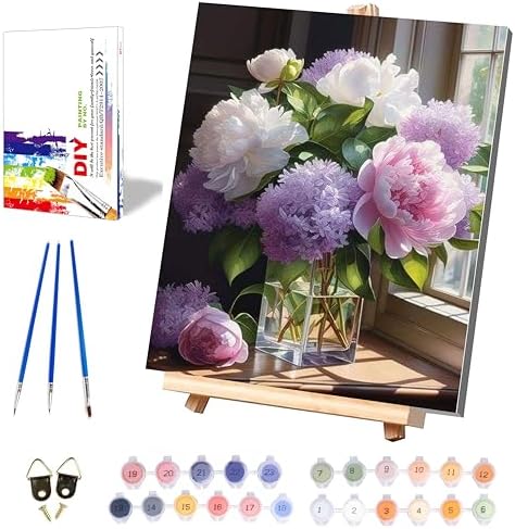 Peony Paint by Numbers for Adults with Framed Canvas - with Wooden Easel