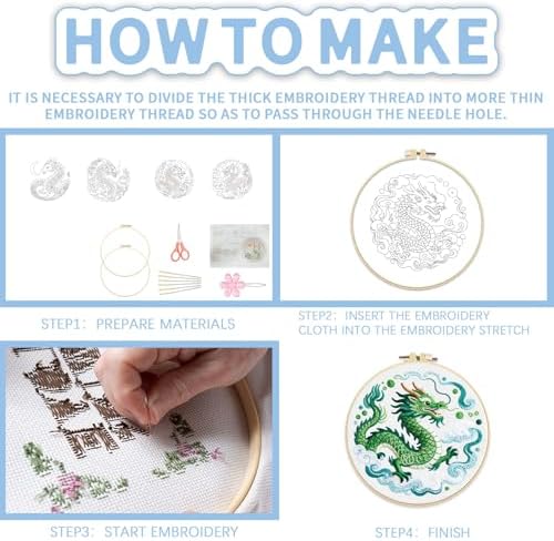 FREEBLOSS 4 Sets Embroidery Kit for Beginners Needlepoint Dragon&Cloud Stamped Embroidery Starter Kit with Instructions, Needles, Threads, 2 Hoops 11.6"/29.5CM