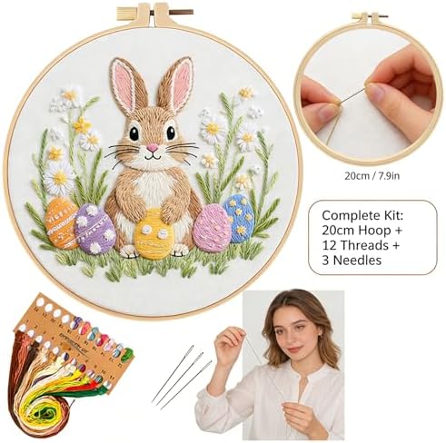 BoAn Rabbit Embroidery Kit for Beginners, DIY Cross Stitch Kit with Hoop
