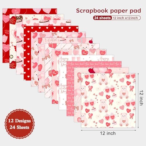 Pink Hearts Scrapbook Paper Pad - 24 Sheets 12in Valentine Sweet Decorative Patterns Designed Collage Material for Journals Folded Cardstock DIY Crafts Origami Gift Wrapping Supplies