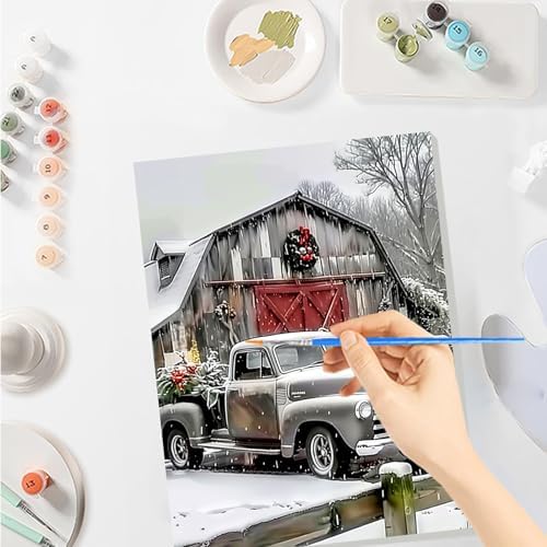 SENQAO Christmas Paint by Numbers for Adults Beginners Framed, Farmhouse Truck Adults' Paint-by-Number Kits, Adult Paint by Number Kits on Canvas, Acrylic Number Painting for Home Decor, 8x12in