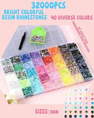 62,000 Pcs Rhinestone Bedazzling Kit, 40 Colors Nail Art Rhinestones with 32,000pcs 3mm & 30,000pcs Multi-Size Clear Flatback Nail Gems, B7000 Glue, Diamond Painting Accessories for DIY Crafts