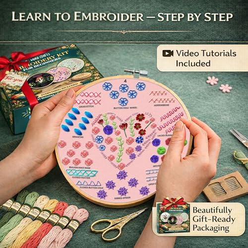 Embroidery Kit for Beginners Adults, 4 Pre-Printed Cloths, 41 Stitches