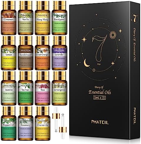 PHATOIL Essential Oil Gift Set for Diffuser, Skin Care, Massage, 15 x 5ml