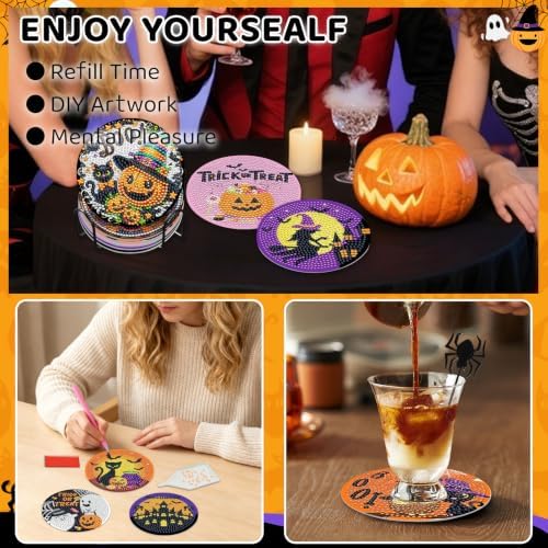 Halloween Diamond Art Coaster Kit with Holder, 8PCS Spooky Diamond Painting