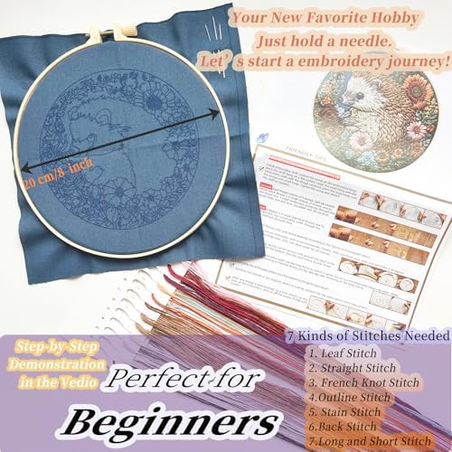 FONNUY Embroidery Kit for Beginners, Cute Hedgehog Stamped Embroidery Patterns Kits for Adults with Hoop, Easy to Follow Sewing Thread Needlework, 8'' Hoop (Resilient)