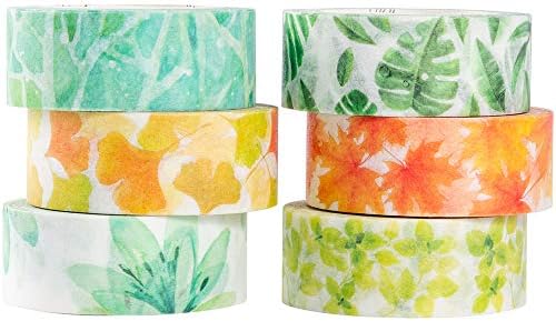 YUBBAEX Lush Plants Washi Tape Set 6 Rolls Floral Masking Decorative Tapes 15mm Wide (Feeling of Leaves)