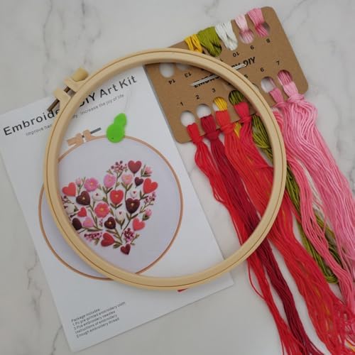 Esffaci Embroidery Starter Kit for Adult Beginner with Love Heart Flowers Pattern Hand Embroidery Set with Cloth Hoop Needle Threader Floss and Instruction