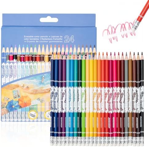 Erasable Colored Pencils Set of 24, Color Pencils with Erasers, School Art Supplies for Drawing, Coloring, Sketching, Art Projects (24 Colors)