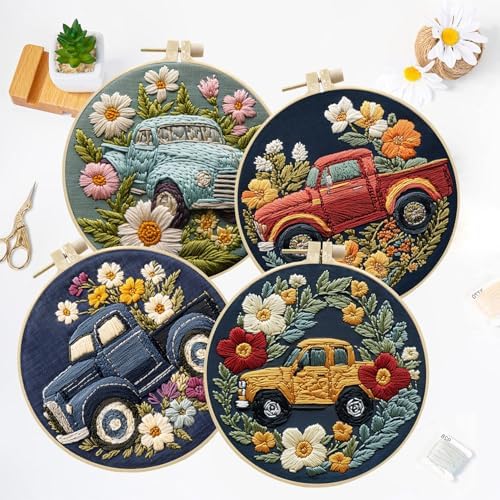 LB 4-Pack Colorful Truck Flower Embroidery Kit for Beginners: Cross Stitch Kit with Green Floral | Adults DIY Starter Kit Includes Embroidery Hoop, Colorful Threads, Tools and Instructions