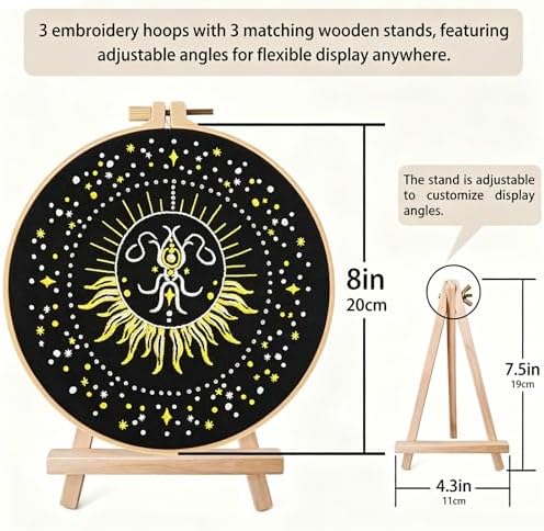 Qupace 3 Pcs Beginner Celestial Constellation Embroidery Kit, Pre-Printed Starry Moon Planet Hand Embroidery Set with Bamboo Hoop, DIY Boho Cosmic Craft Supplies for Adult Wall Decor & Gift