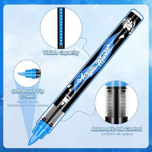 48 Colors Acrylic Paint Markers Brush Tip，Automatic Ink Control，No-Bleed