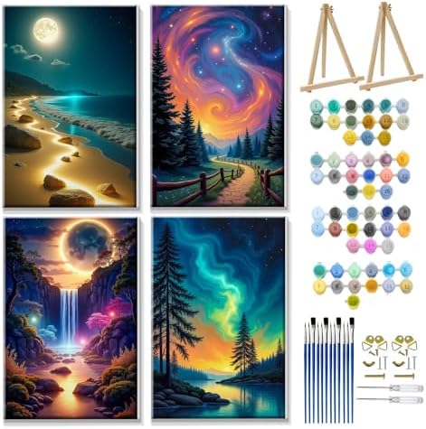 JOOZ 4 Pack Paint by Numbers Kit for Adults with Frame Aurora Paint by Number with Easel DIY Mountain Landscape Adult Paint by Number Kits Moon Oil Painting Kits for Home Wall Decor 8x12 Inch