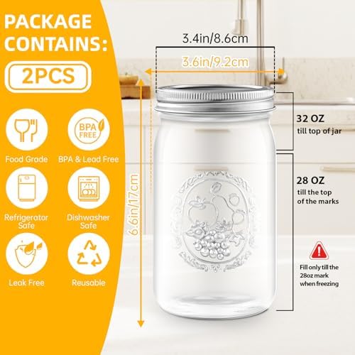 Miuyhji 32 oz Wide Mouth Mason Jars with Lids and Bands, 2 Pack for Canning