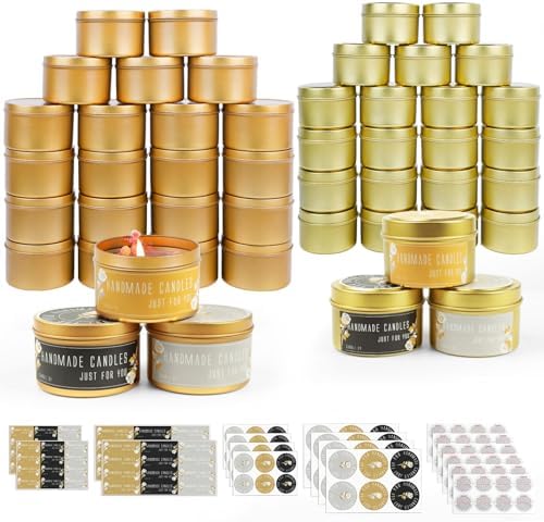CONNOO 48 Pack - 24pcs 8oz & 24pcs 4oz Matte Gold Candle Tins with Lids