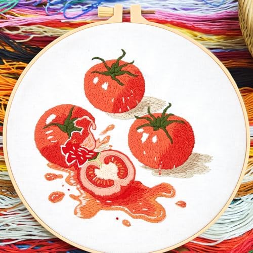 Tomato Embroidery Kits for Beginners Adults, Hand Embroidery Starter Kit, Cross Stitch Kits for Beginners DIY Craft Kits for Adults Women, Entire Set of Embroidery Supplies【Full-length Video Tutorial】