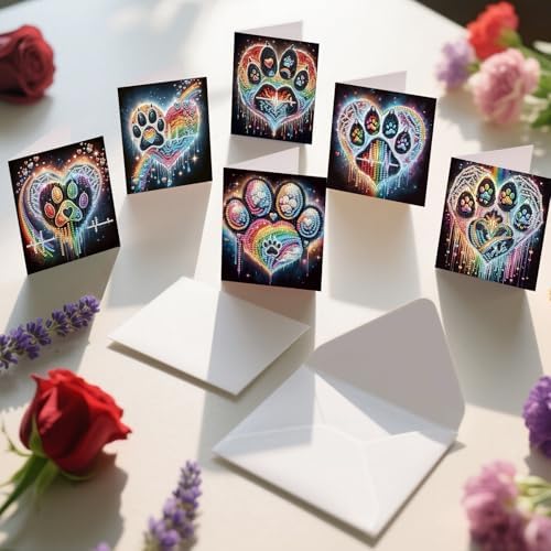 6 Pack Diamond Painting Greeting Cards with Envelopes, DIY 5D Diamond Art Card Kit Colorful Artistic Paw Designs, 30x15cm Handmade Rhinestone Cards Crafts for Pet Lovers and Creative Greetings
