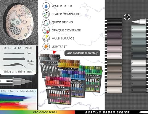 TOOLI-ART 22 Flexible Brush Tip Acrylic Paint Pens Markers Set 1-7mm Line for Rock Painting, Glass, Mugs, Wood, Metal, Canvas, Plastic. Non Toxic Waterbased Quick Drying Assorted Gray