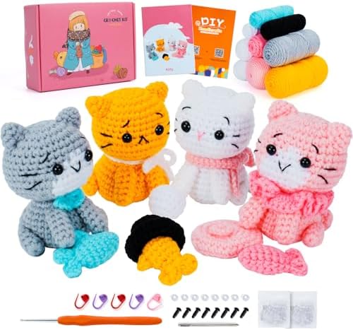 Fortuning's JDS Crochet Kit for Beginners - Cat Crochet Kit with Step-by-Step Video Tutorials, Learn to Crochet Kits for Adults, 4 PCS Crochet Animals Cat with Hat, Toy, Fish Crocheting Set