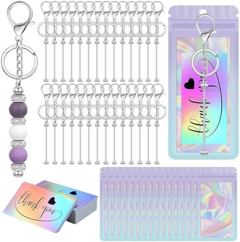 42/84/126 Pcs Beadable Keychain Bars Bulk Blank DIY Beaded Keychain Making Supplies with Bag Thank You Card