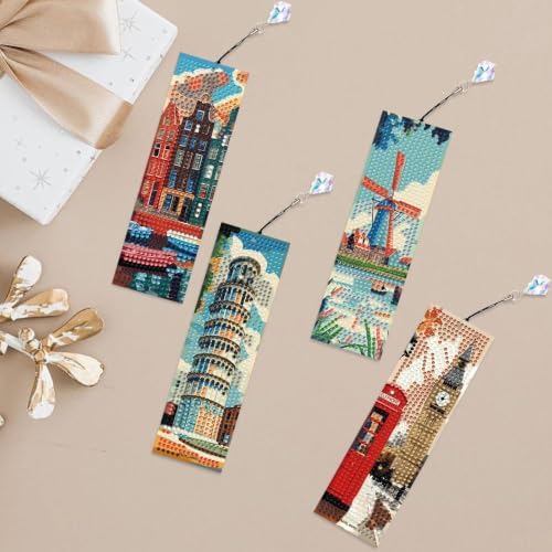 Mandun 4 Pcs National Scenery Diamond Painting Bookmark Kits, Special Shaped Diamond Art Bookmarks with Pendant, DIY National Scenery Diamond Art Bookmarks with Tassels Crafts Gifts Supplies