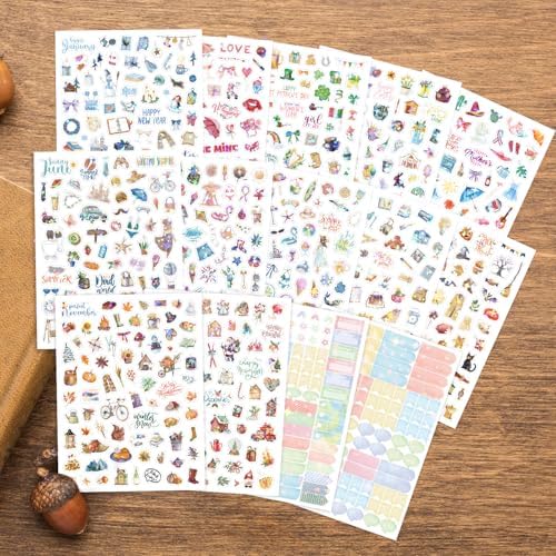 1050Pcs Aesthetic Monthly Planner Stickers, 14 Sheets Holographic Holiday Seasonal Planner Stickers for Scrapbook Supplies Calendar Journaling Daily Planners and Journals, with All Year Holidays