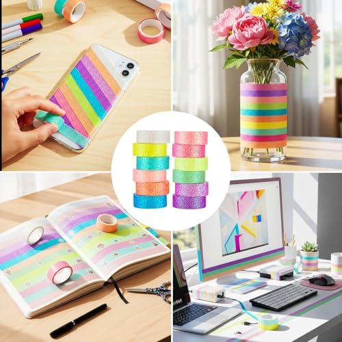 TIESOME 12 Rolls Glitter Washi Tape Set, 15mm Macaron Cute Colored Masking Tape, Decorative Masking Tapes for DIY, Scrapbook, Journal, Gift Wrapping, Crafts