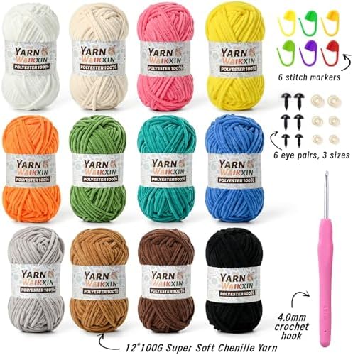 12 Pack Fluffy Chunky Chenille Yarn for Crocheting, Baby Yarn for Crocheting Soft Blanket, 1200g (1574yds) Bulky Yarn Set for Crochet Amigurumi & DIY Crafts C