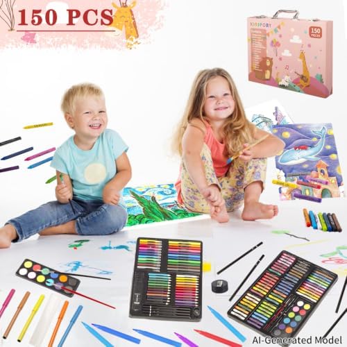 KINSPORY 150PC Art Set with Sketch Book, Coloring Art Kit Drawing Art Supplies Case, Markers Crayon Colour Pencils for Budding Artists Kids Teens Boys (Pink)