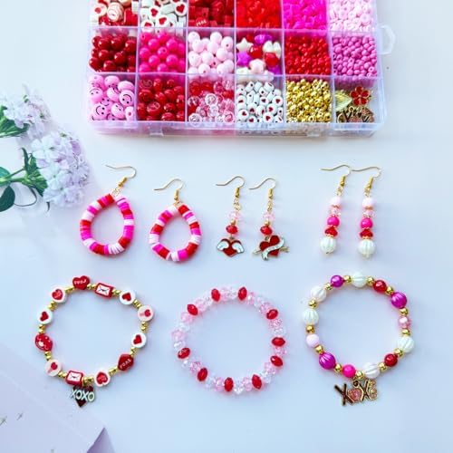 1900PCS+ Valentine’s Day Beads for Bracelets Jewelry Making Kit, Pink Red Polymer Clay Beads Assorted Pearl Crystal Star Heart Bead Acrylic Spacer Bead XOXO Heart Charms for Women Necklace DIY Crafts