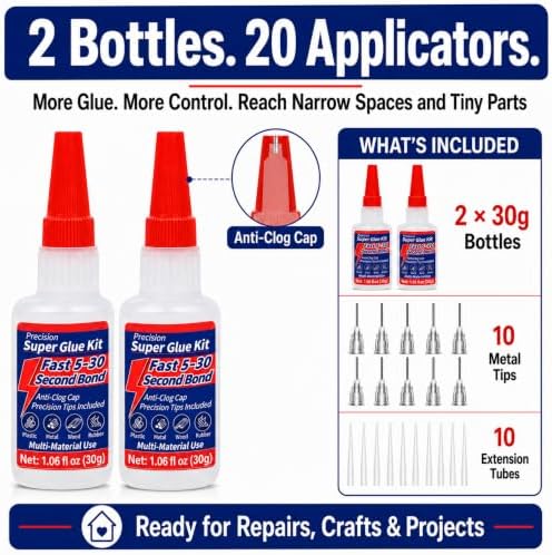2 Pack Super Glue Kit, 2 x 1.06 fl oz Thin Liquid CA Glue, Anti-Clog Caps