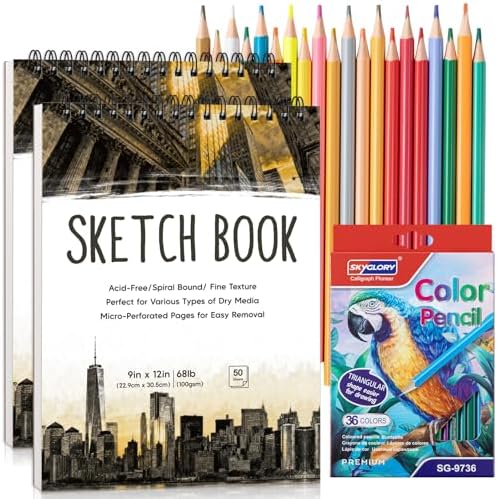 2 Pack Sketch Books for Kids 9 × 12In, 100gsm Drawing Pad with 36 Pencils